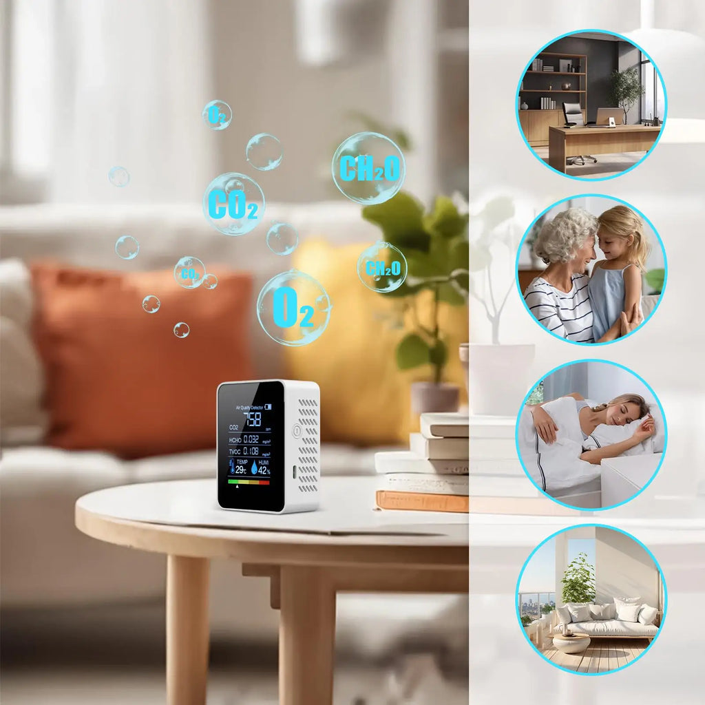 Smart Air Quality Monitor for Home - Real-Time Detection of CO2, Temperature & Humidity - for Bedroom, Living Room, Car, Office
